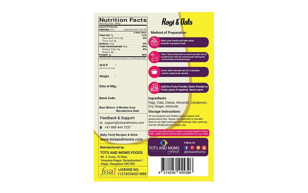 Tots And Moms Foods Instant Ragi & Oats    Pack  200 grams
